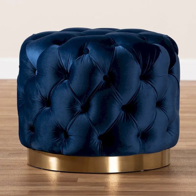 Pouffe ottoman en velours capitonné gris / beige / bleu / rose / rouge avec base en acier doré brossé