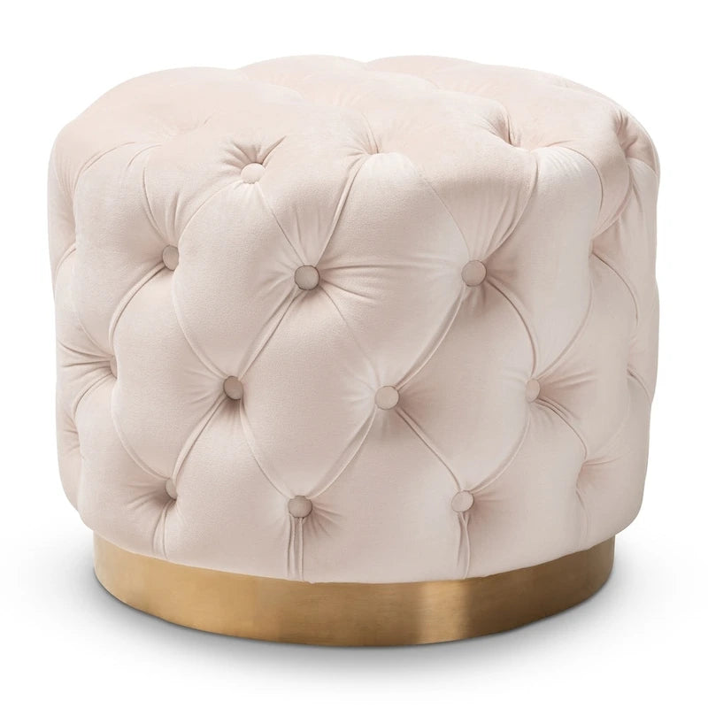 Pouffe ottoman en velours capitonné gris / beige / bleu / rose / rouge avec base en acier doré brossé