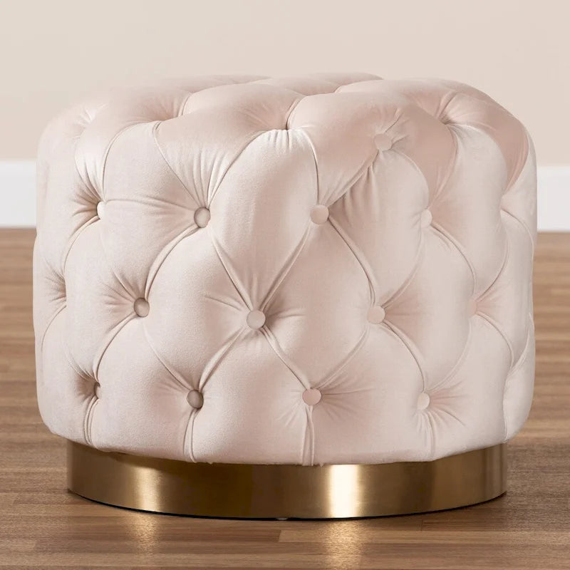 Pouffe ottoman en velours capitonné gris / beige / bleu / rose / rouge avec base en acier doré brossé