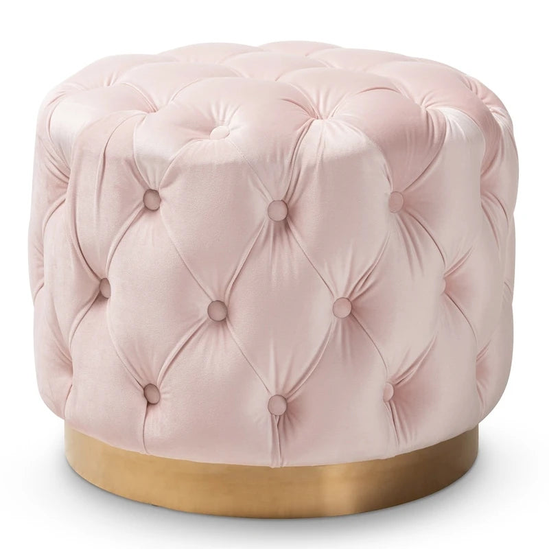 Pouffe ottoman en velours capitonné gris / beige / bleu / rose / rouge avec base en acier doré brossé