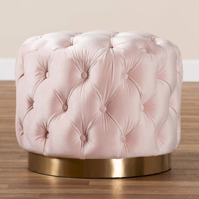 Pouffe ottoman en velours capitonné gris / beige / bleu / rose / rouge avec base en acier doré brossé