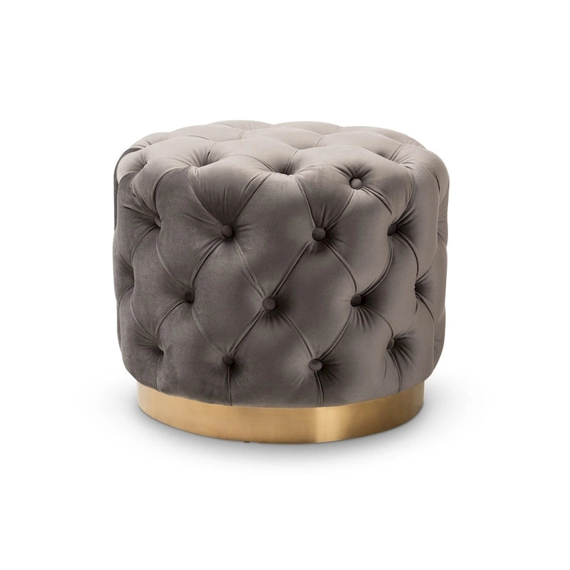 Pouffe ottoman en velours capitonné gris / beige / bleu / rose / rouge avec base en acier doré brossé