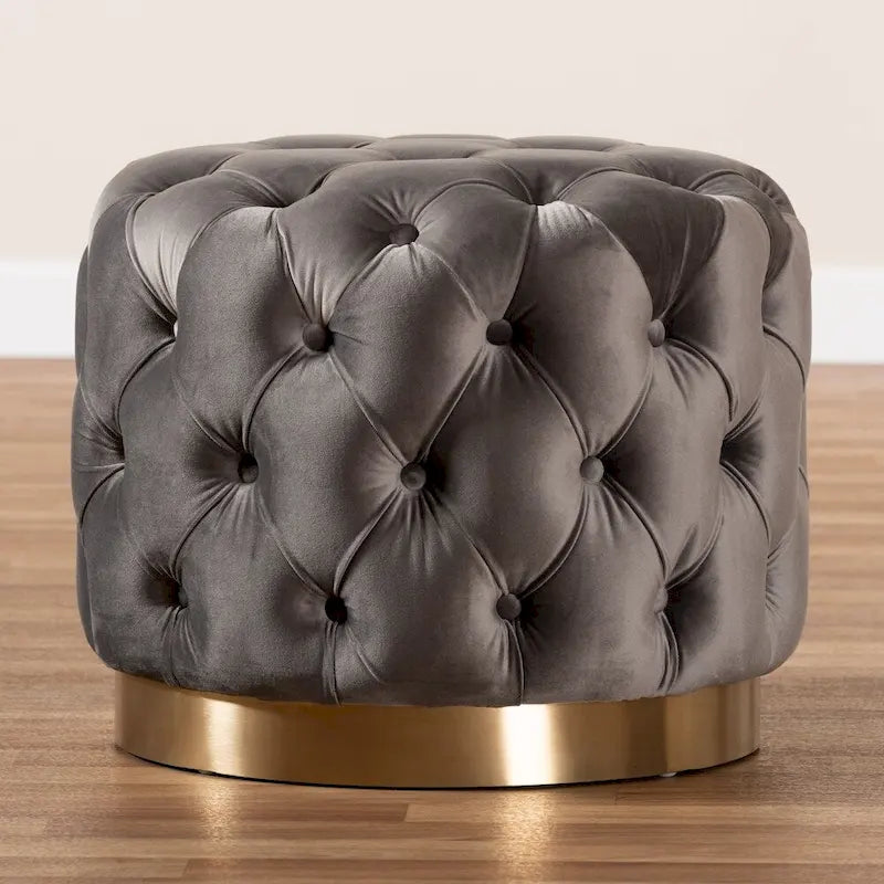 Pouffe ottoman en velours capitonné gris / beige / bleu / rose / rouge avec base en acier doré brossé