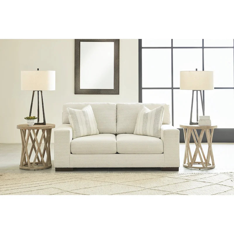 Causeuse en bouleau/polyester effet lin avec coussins réversibles, base plateforme et pieds aspect bois, 2 places
