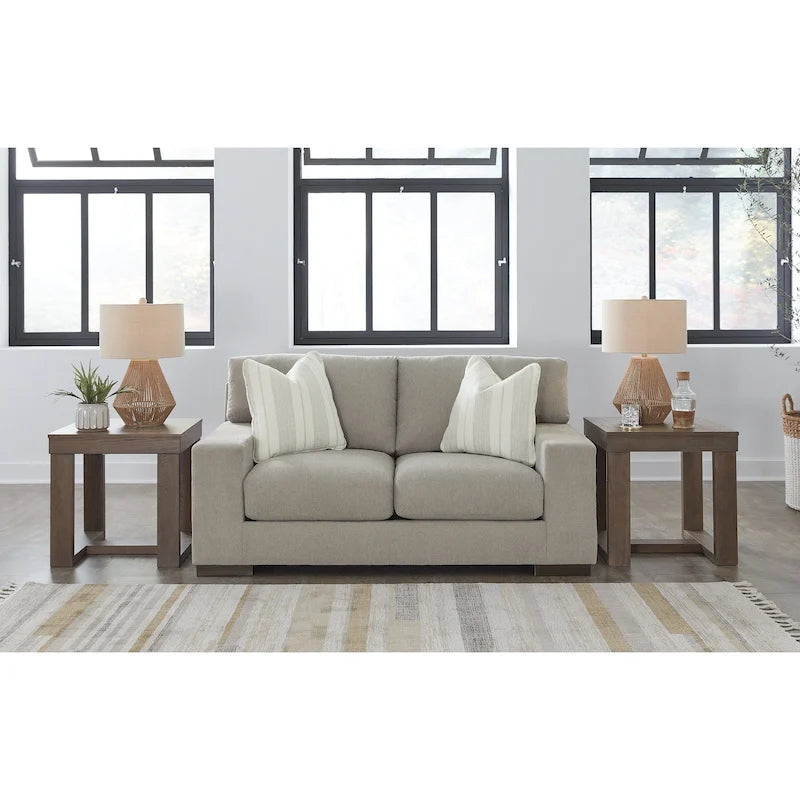 Causeuse en bouleau/polyester effet lin avec coussins réversibles, base plateforme et pieds aspect bois, 2 places
