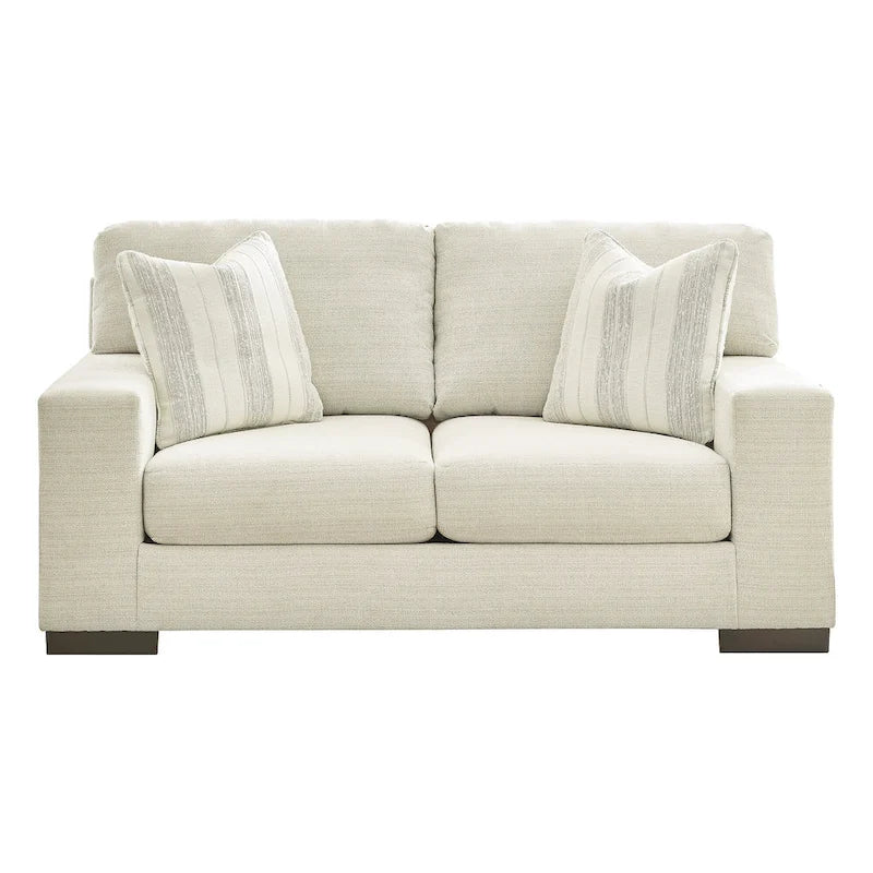 Causeuse en bouleau/polyester effet lin avec coussins réversibles, base plateforme et pieds aspect bois, 2 places
