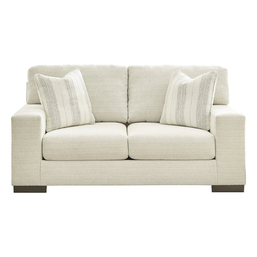 Causeuse en bouleau/polyester effet lin avec coussins réversibles, base plateforme et pieds aspect bois, 2 places