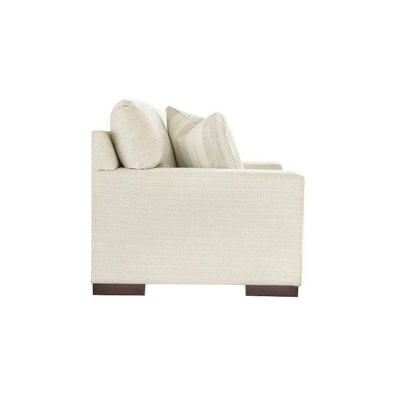 Causeuse en bouleau/polyester effet lin avec coussins réversibles, base plateforme et pieds aspect bois, 2 places