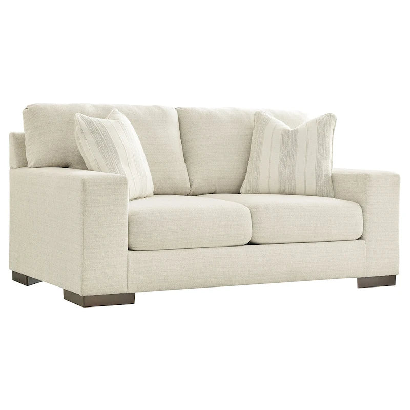 Causeuse en bouleau/polyester effet lin avec coussins réversibles, base plateforme et pieds aspect bois, 2 places