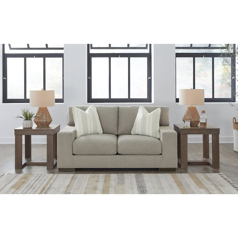 Causeuse en bouleau/polyester effet lin avec coussins réversibles, base plateforme et pieds aspect bois, 2 places