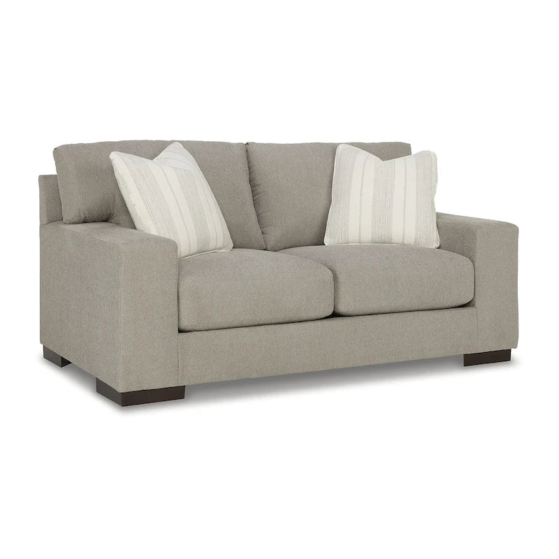 Causeuse en bouleau/polyester effet lin avec coussins réversibles, base plateforme et pieds aspect bois, 2 places