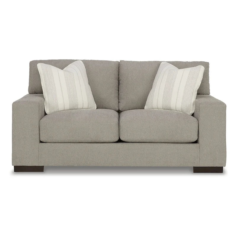 Causeuse en bouleau/polyester effet lin avec coussins réversibles, base plateforme et pieds aspect bois, 2 places