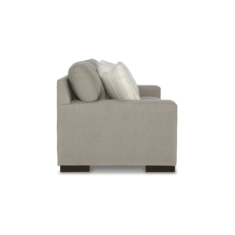 Causeuse en bouleau/polyester effet lin avec coussins réversibles, base plateforme et pieds aspect bois, 2 places