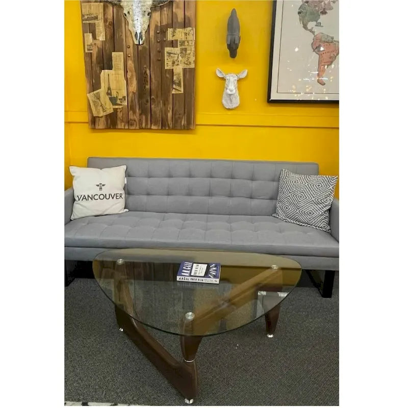 Table basse en noyer / naturel / verre trempé noir avec piètement en placage