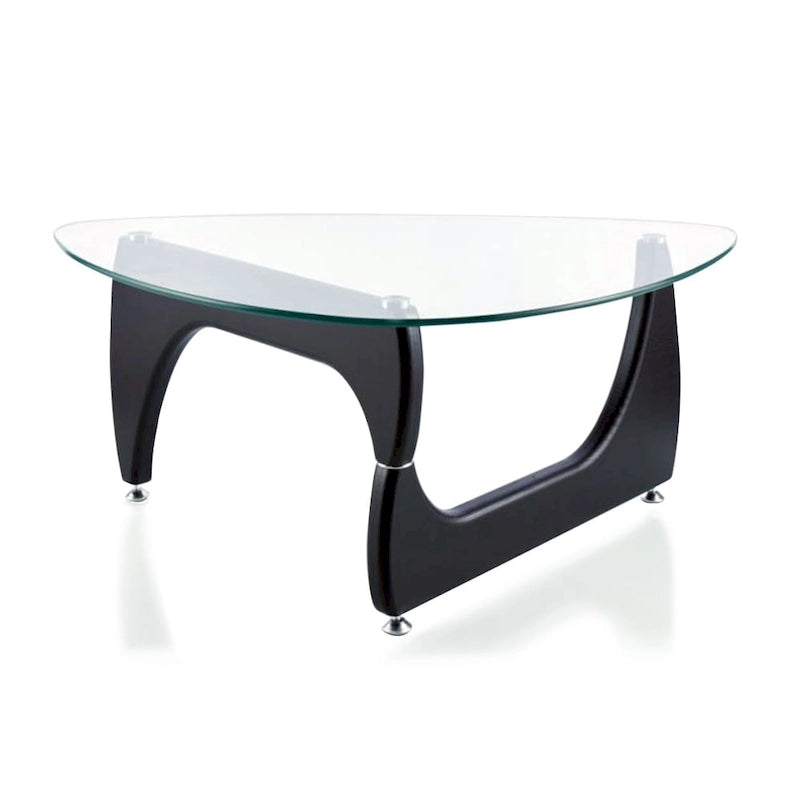 Table basse en noyer / naturel / verre trempé noir avec piètement en placage