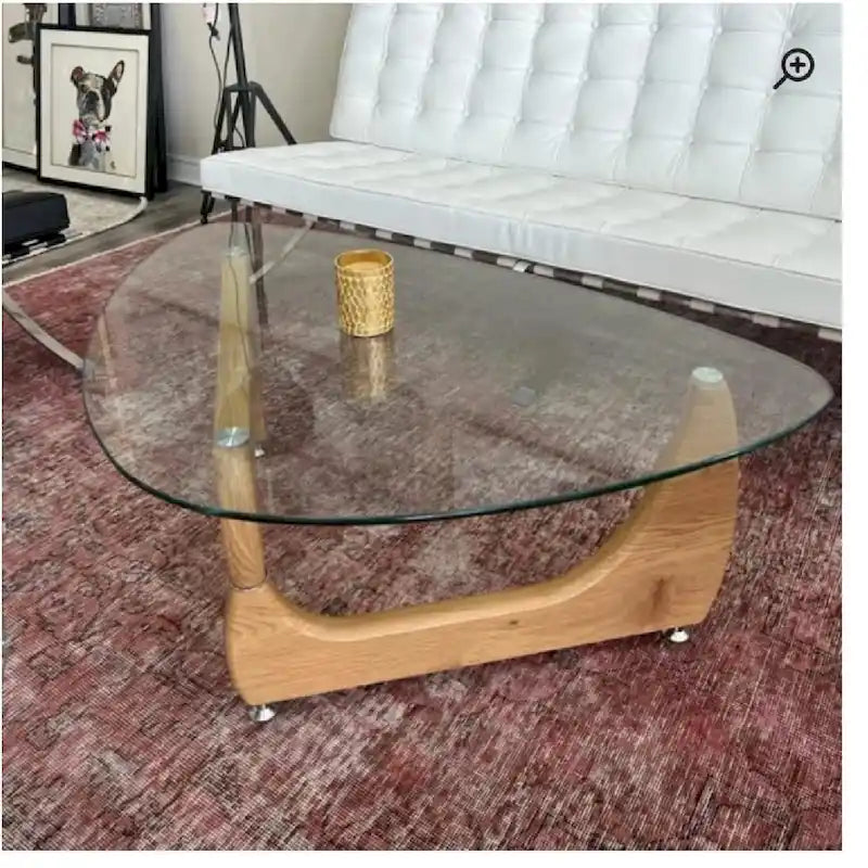 Table basse en noyer / naturel / verre trempé noir avec piètement en placage