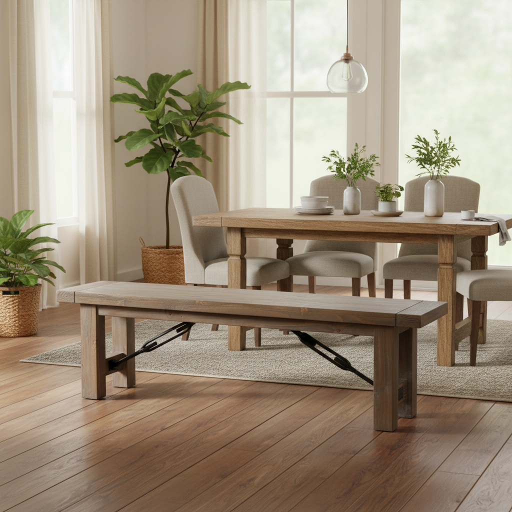 Banc de salle à manger en bois massif de pin naturel avec piètement en croix en fonte noire