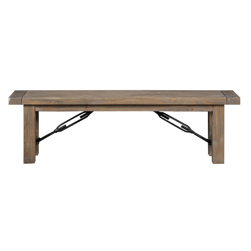 Banc de salle à manger en bois massif de pin naturel avec piètement en croix en fonte noire