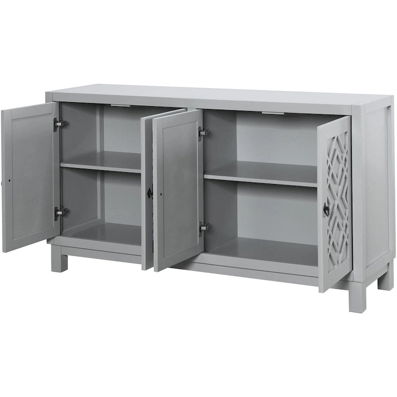 Buffet 4 portes blanc/noir/gris clair avec portes à losanges évidées et étagères réglables, 152 cm de large