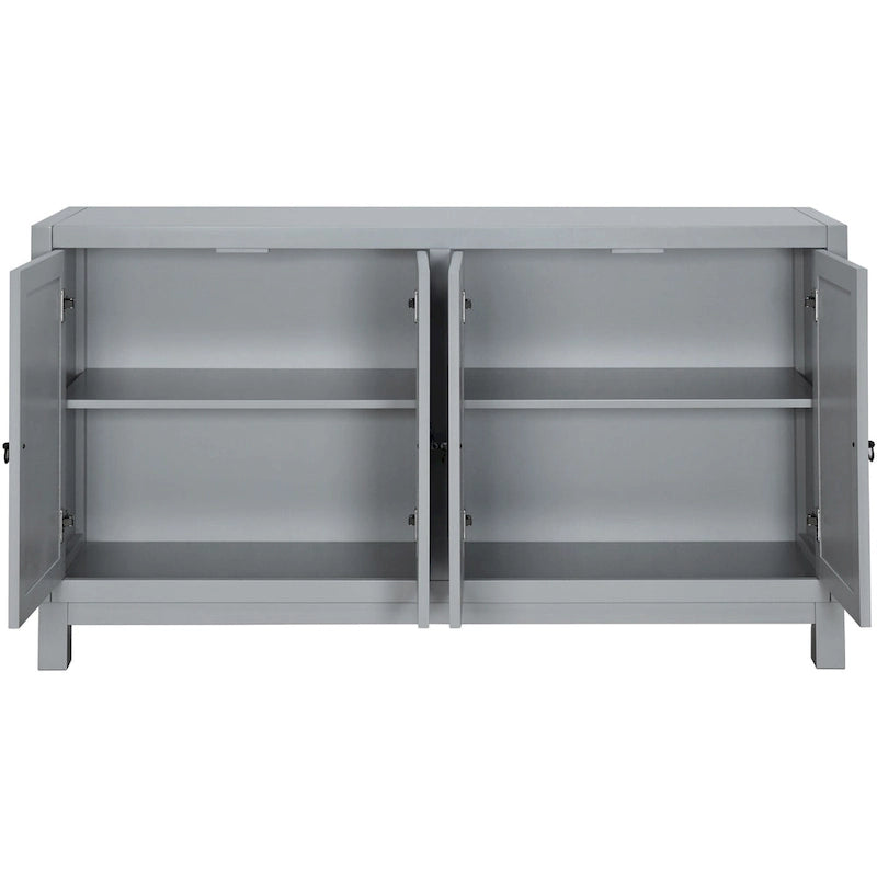 Buffet 4 portes blanc/noir/gris clair avec portes à losanges évidées et étagères réglables, 152 cm de large