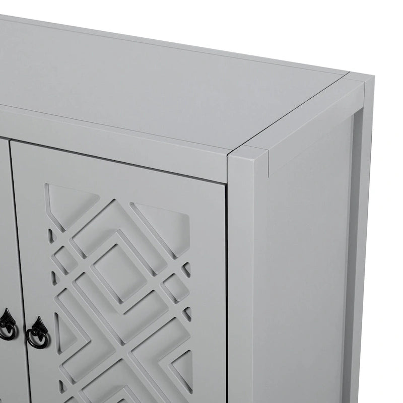 Buffet 4 portes blanc/noir/gris clair avec portes à losanges évidées et étagères réglables, 152 cm de large