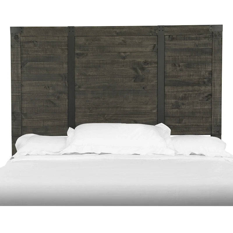 Tête de lit Queen en pin et métal, finition anthracite vieillie, style industriel rustique