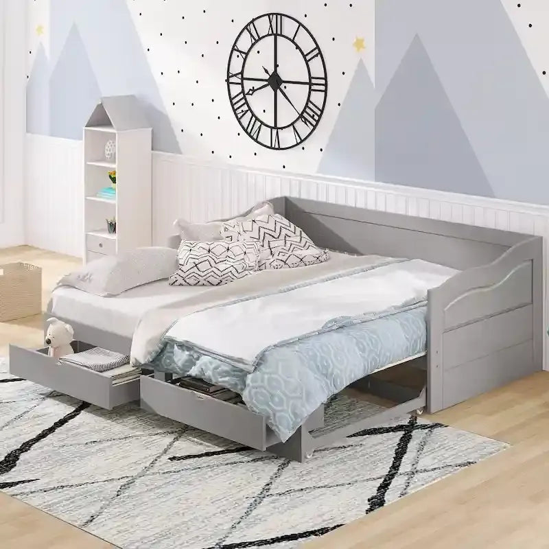 Lit de repos jumeau en pin et MDF gris/blanc/espresso avec lit gigogne escamotable et 2 tiroirs, pour 2 personnes