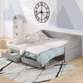 Lit de repos jumeau en pin et MDF gris/blanc/espresso avec lit gigogne escamotable et 2 tiroirs, pour 2 personnes