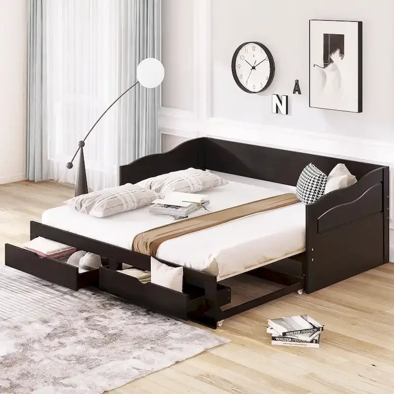 Lit de repos jumeau en pin et MDF gris/blanc/espresso avec lit gigogne escamotable et 2 tiroirs, pour 2 personnes