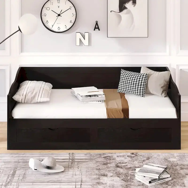 Lit de repos jumeau en pin et MDF gris/blanc/espresso avec lit gigogne escamotable et 2 tiroirs, pour 2 personnes