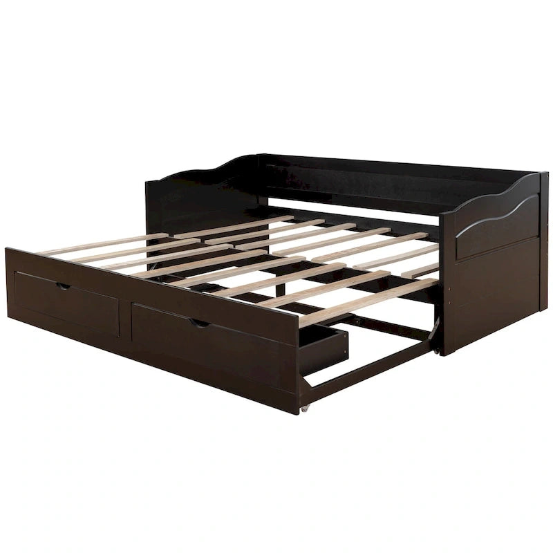 Lit de repos jumeau en pin et MDF gris/blanc/espresso avec lit gigogne escamotable et 2 tiroirs, pour 2 personnes