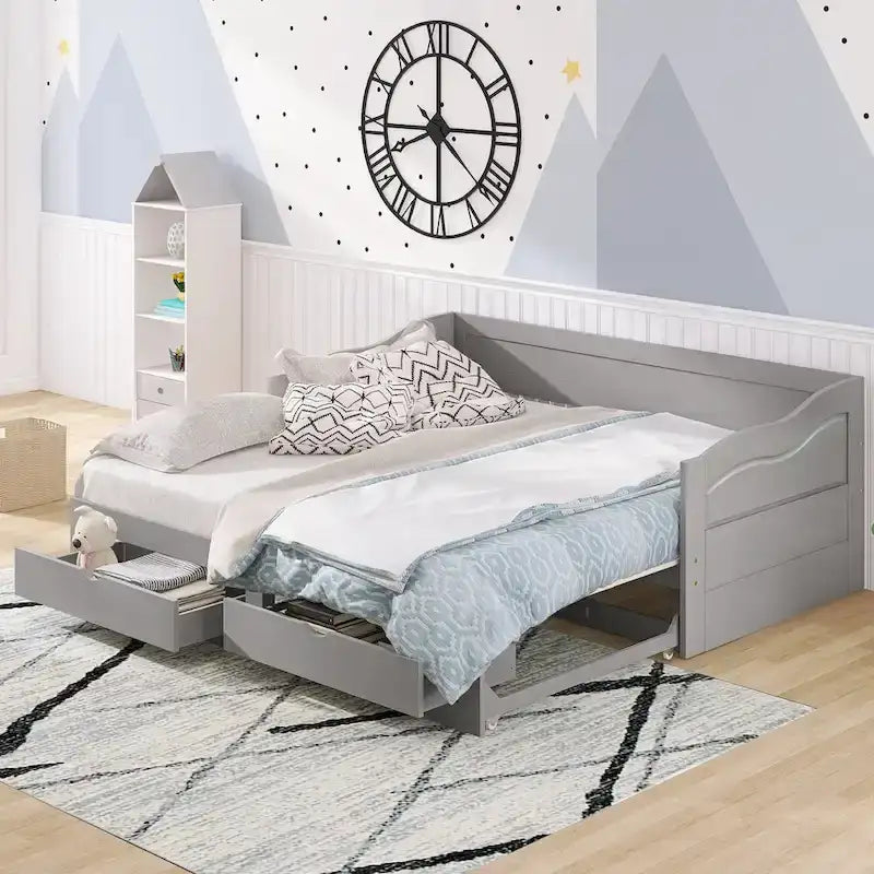 Lit de repos jumeau en pin et MDF gris/blanc/espresso avec lit gigogne escamotable et 2 tiroirs, pour 2 personnes