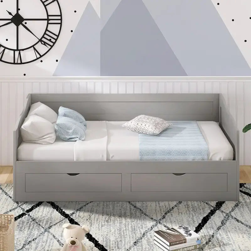 Lit de repos jumeau en pin et MDF gris/blanc/espresso avec lit gigogne escamotable et 2 tiroirs, pour 2 personnes