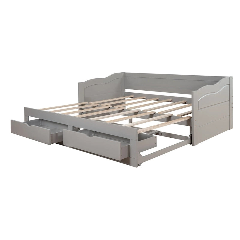 Lit de repos jumeau en pin et MDF gris/blanc/espresso avec lit gigogne escamotable et 2 tiroirs, pour 2 personnes