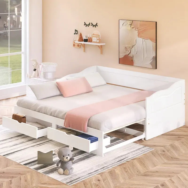 Lit de repos jumeau en pin et MDF gris/blanc/espresso avec lit gigogne escamotable et 2 tiroirs, pour 2 personnes
