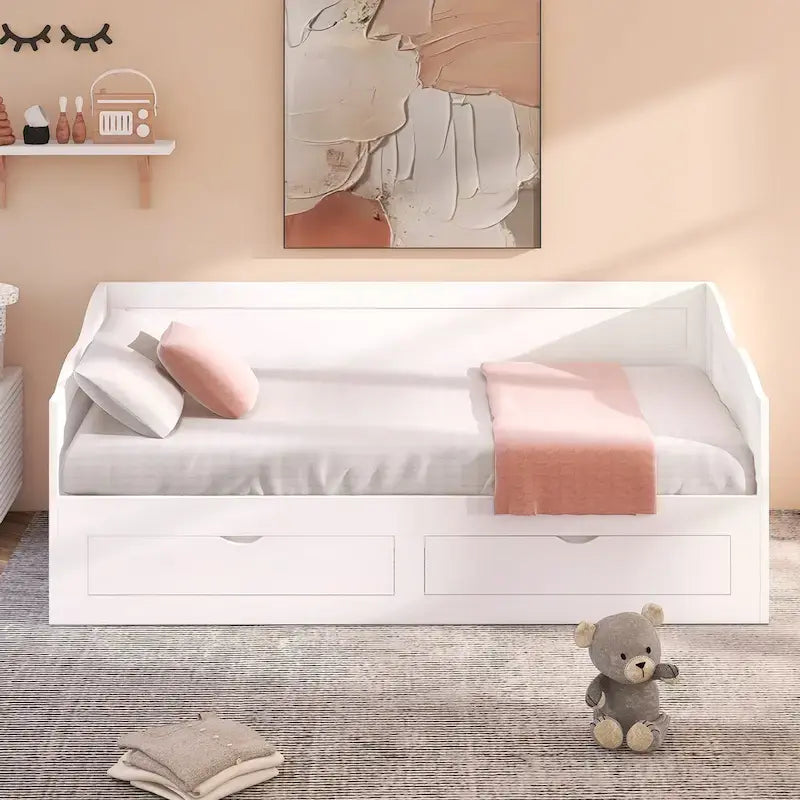 Lit de repos jumeau en pin et MDF gris/blanc/espresso avec lit gigogne escamotable et 2 tiroirs, pour 2 personnes