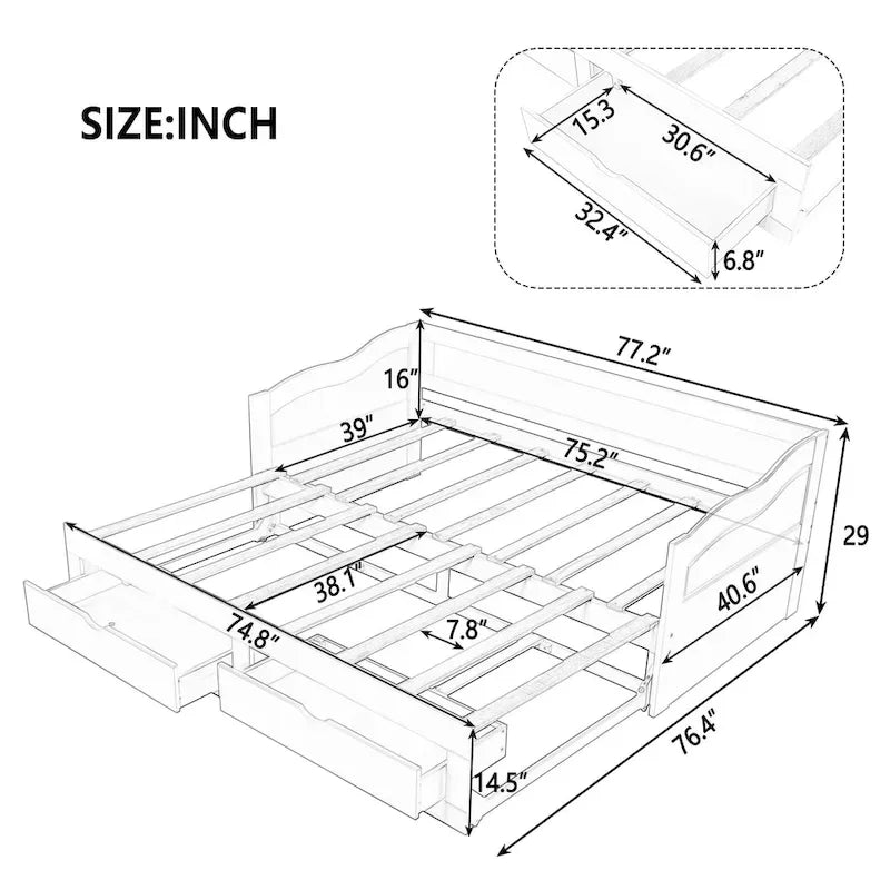 Lit de repos jumeau en pin et MDF gris/blanc/espresso avec lit gigogne escamotable et 2 tiroirs, pour 2 personnes