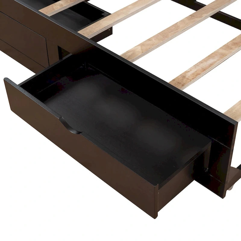 Lit de repos jumeau en pin et MDF gris/blanc/espresso avec lit gigogne escamotable et 2 tiroirs, pour 2 personnes