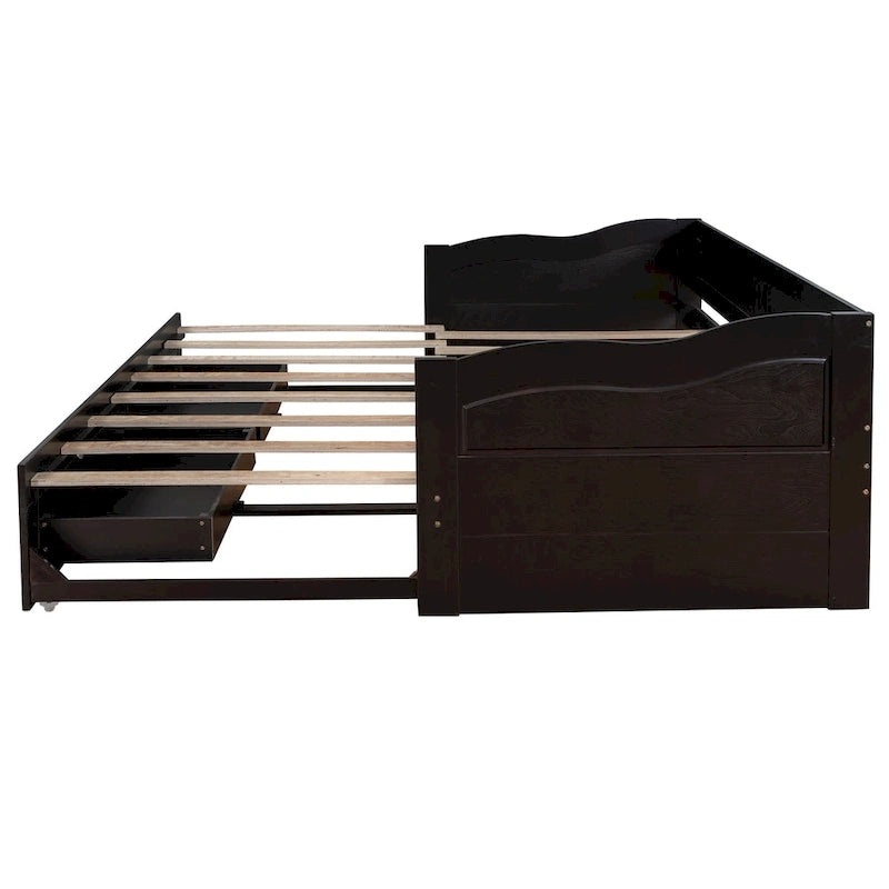Lit de repos jumeau en pin et MDF gris/blanc/espresso avec lit gigogne escamotable et 2 tiroirs, pour 2 personnes