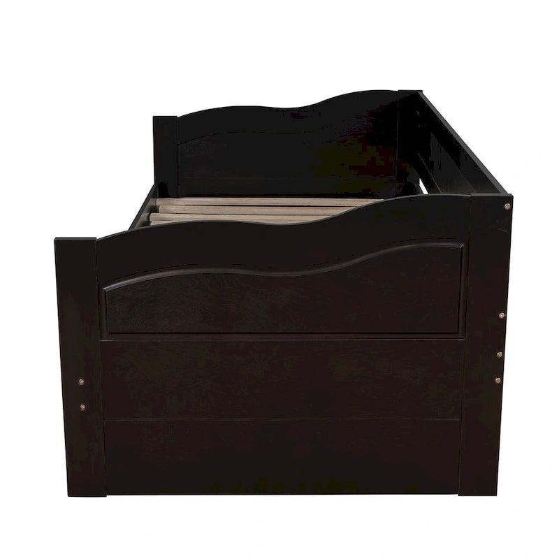 Lit de repos jumeau en pin et MDF gris/blanc/espresso avec lit gigogne escamotable et 2 tiroirs, pour 2 personnes