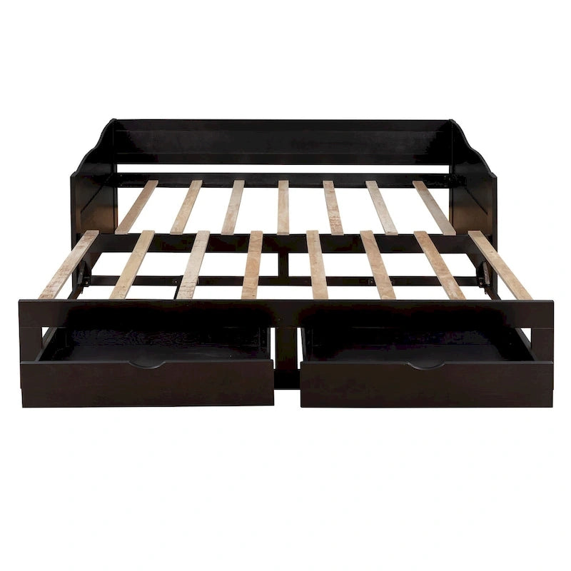 Lit de repos jumeau en pin et MDF gris/blanc/espresso avec lit gigogne escamotable et 2 tiroirs, pour 2 personnes