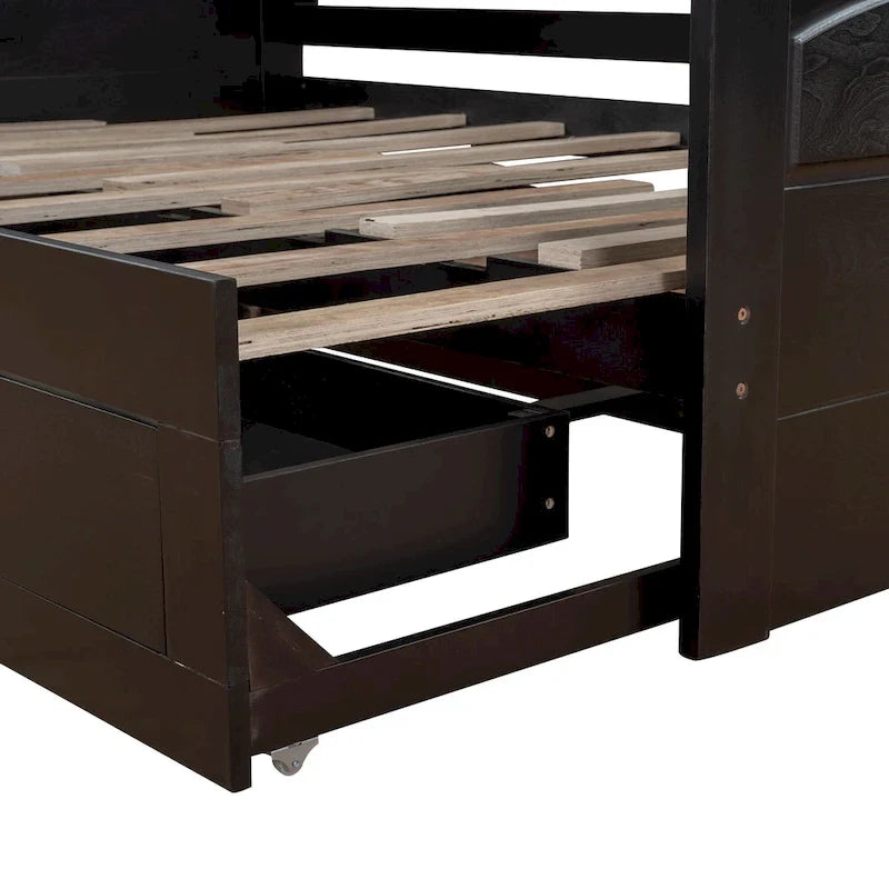 Lit de repos jumeau en pin et MDF gris/blanc/espresso avec lit gigogne escamotable et 2 tiroirs, pour 2 personnes