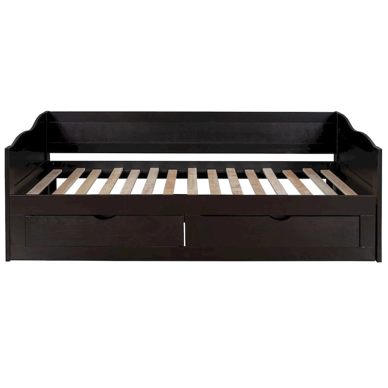 Lit de repos jumeau en pin et MDF gris/blanc/espresso avec lit gigogne escamotable et 2 tiroirs, pour 2 personnes