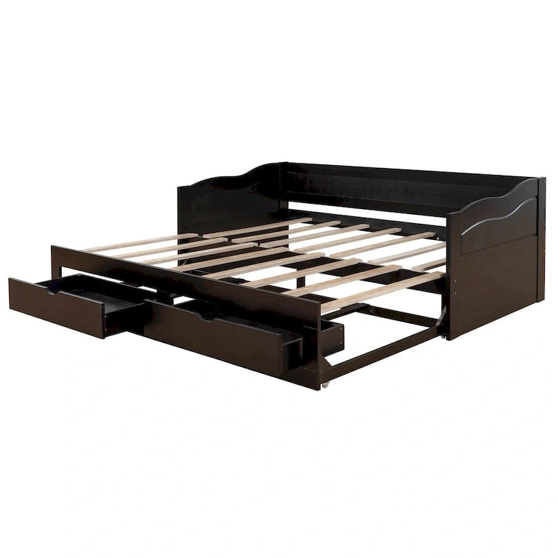 Lit de repos jumeau en pin et MDF gris/blanc/espresso avec lit gigogne escamotable et 2 tiroirs, pour 2 personnes