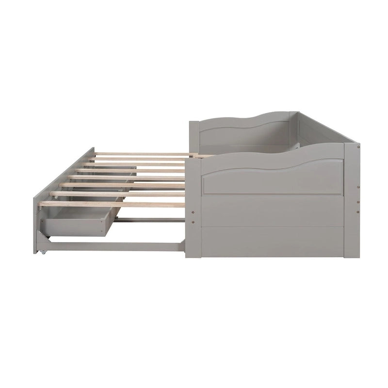 Lit de repos jumeau en pin et MDF gris/blanc/espresso avec lit gigogne escamotable et 2 tiroirs, pour 2 personnes
