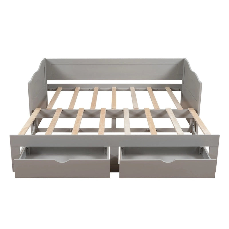 Lit de repos jumeau en pin et MDF gris/blanc/espresso avec lit gigogne escamotable et 2 tiroirs, pour 2 personnes