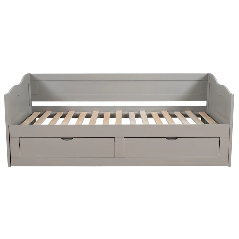 Lit de repos jumeau en pin et MDF gris/blanc/espresso avec lit gigogne escamotable et 2 tiroirs, pour 2 personnes