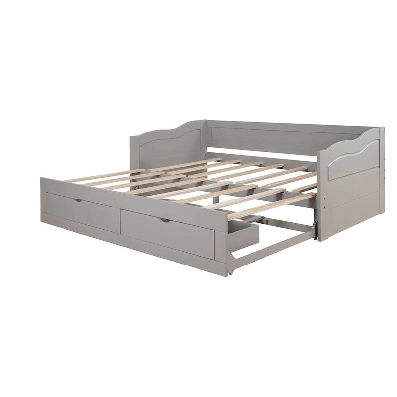 Lit de repos jumeau en pin et MDF gris/blanc/espresso avec lit gigogne escamotable et 2 tiroirs, pour 2 personnes