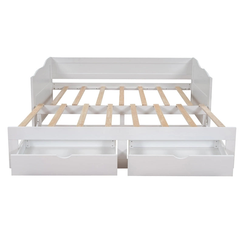 Lit de repos jumeau en pin et MDF gris/blanc/espresso avec lit gigogne escamotable et 2 tiroirs, pour 2 personnes
