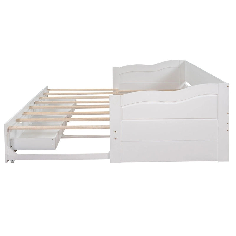 Lit de repos jumeau en pin et MDF gris/blanc/espresso avec lit gigogne escamotable et 2 tiroirs, pour 2 personnes